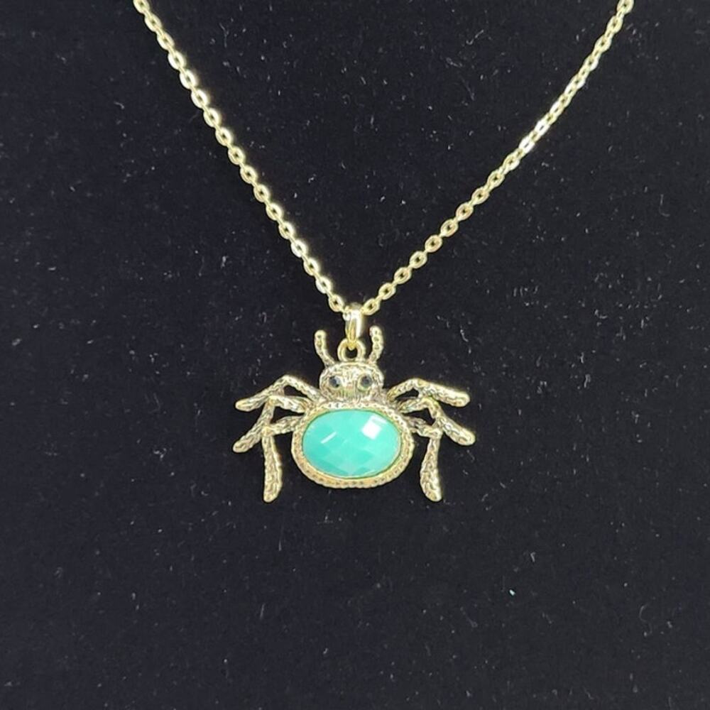 Sparkly Teal Sea Green Spider Necklace Pendant Gold Tone Halloween Jewelry